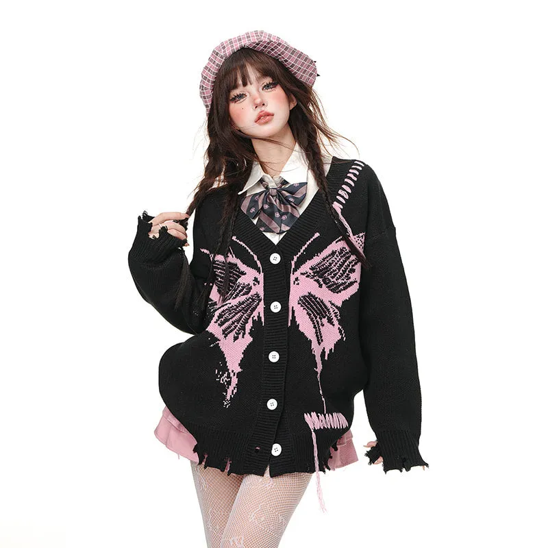 American Sweet Soft Girl Style Butterfly Embroidered Cardigan Sweater
