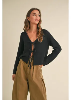 Black Long Sleeve Knitted Front Tie Cardigan