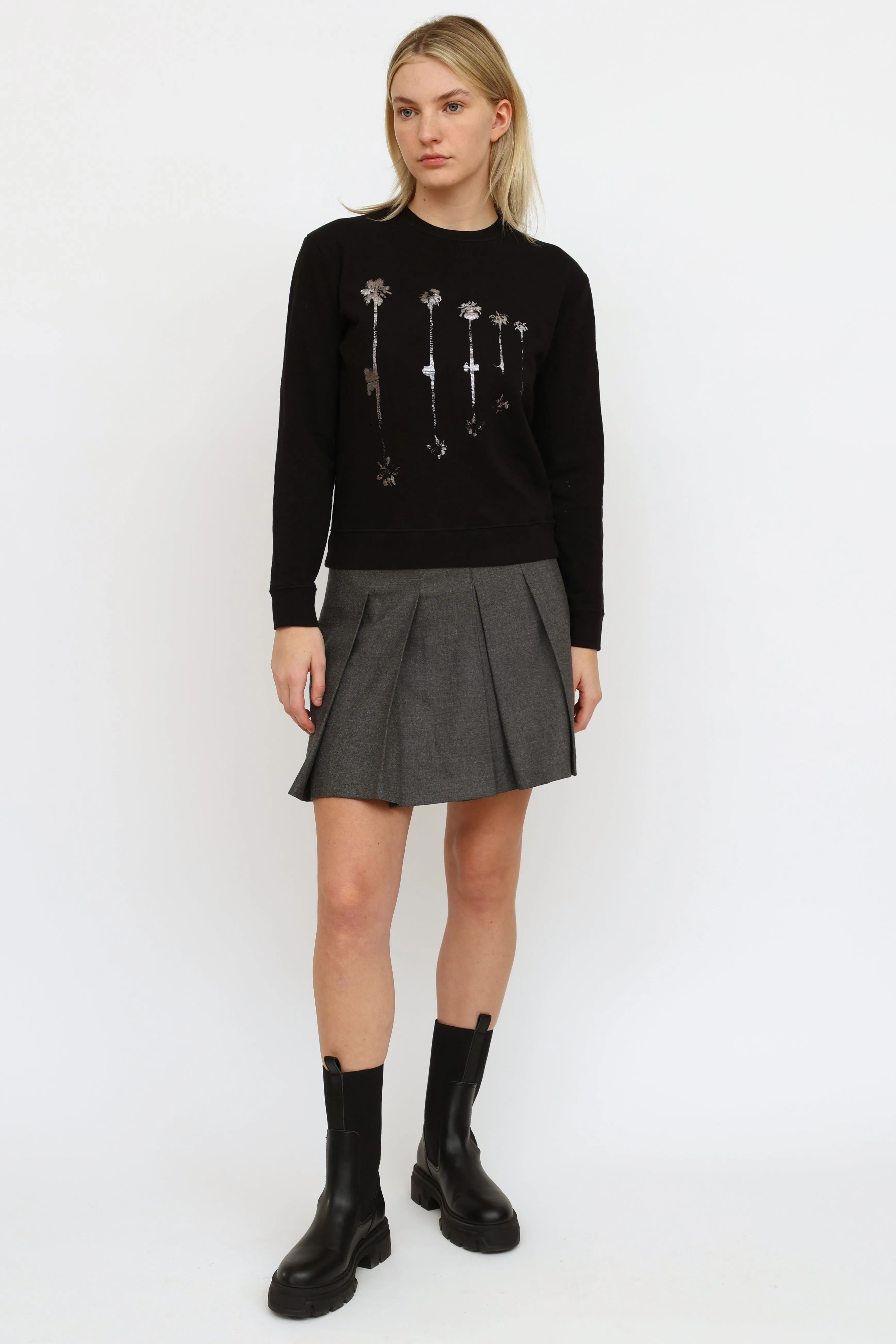 Black Metallic Palm Tree Graphic Crewneck Sweater
