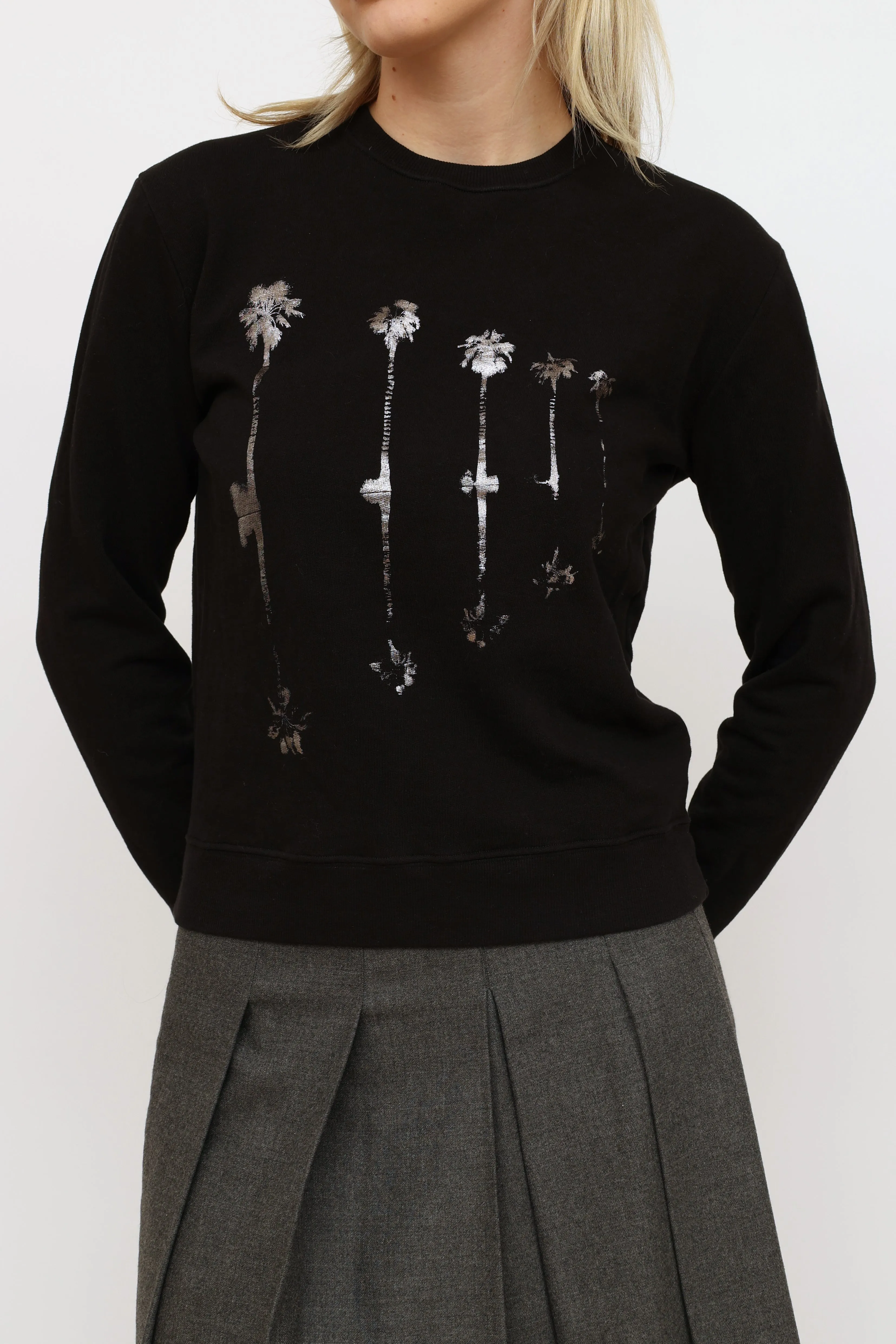 Black Metallic Palm Tree Graphic Crewneck Sweater