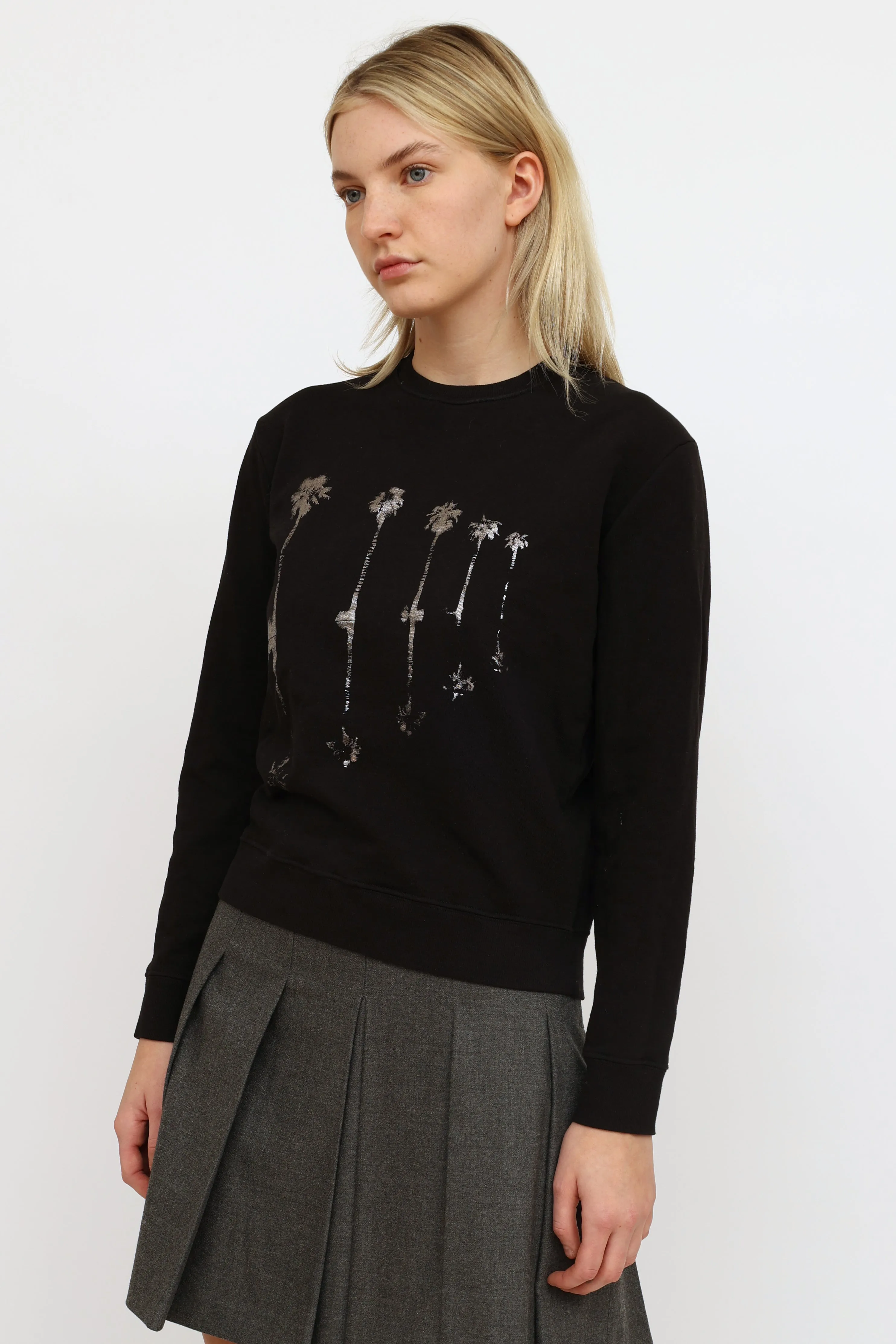 Black Metallic Palm Tree Graphic Crewneck Sweater