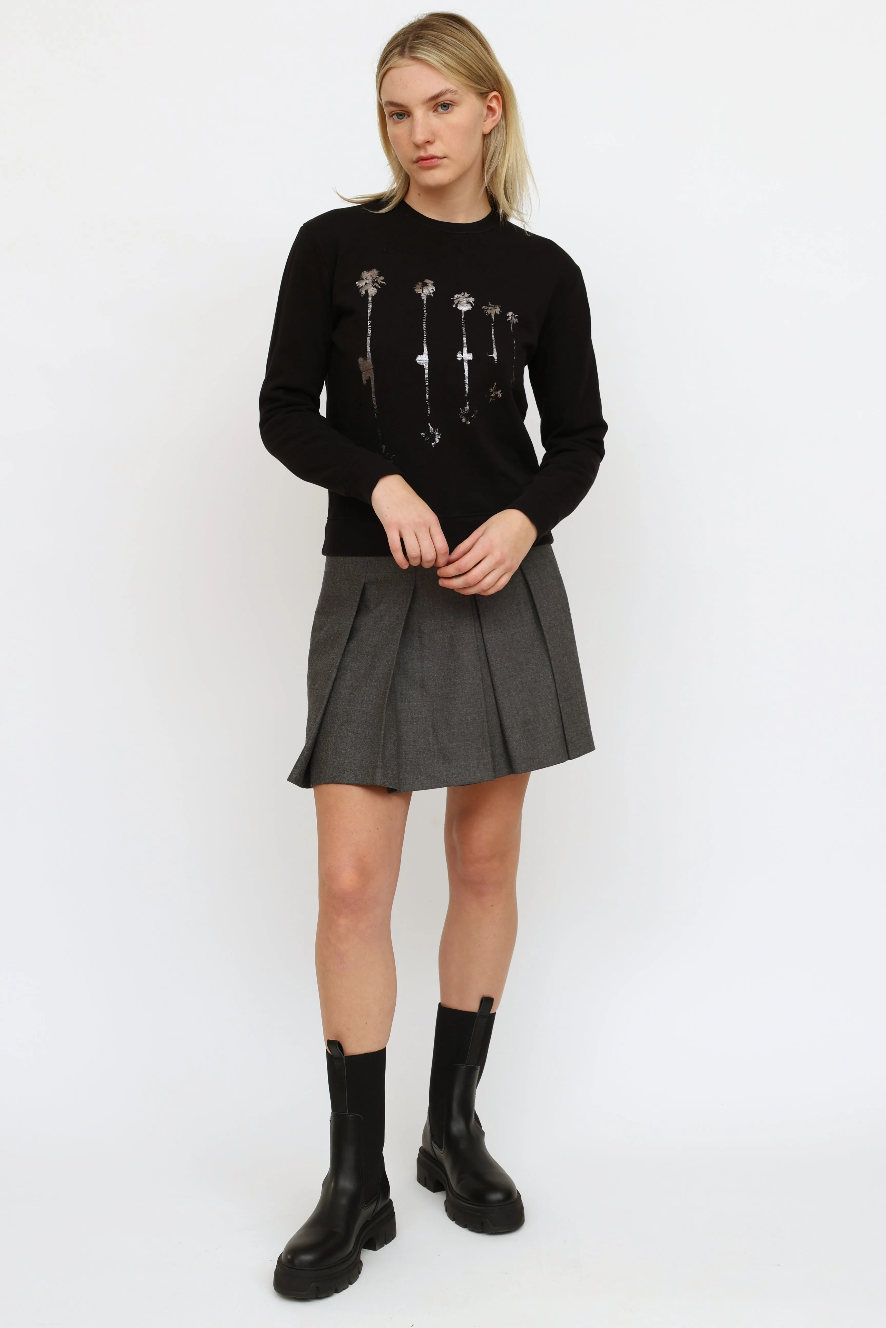 Black Metallic Palm Tree Graphic Crewneck Sweater
