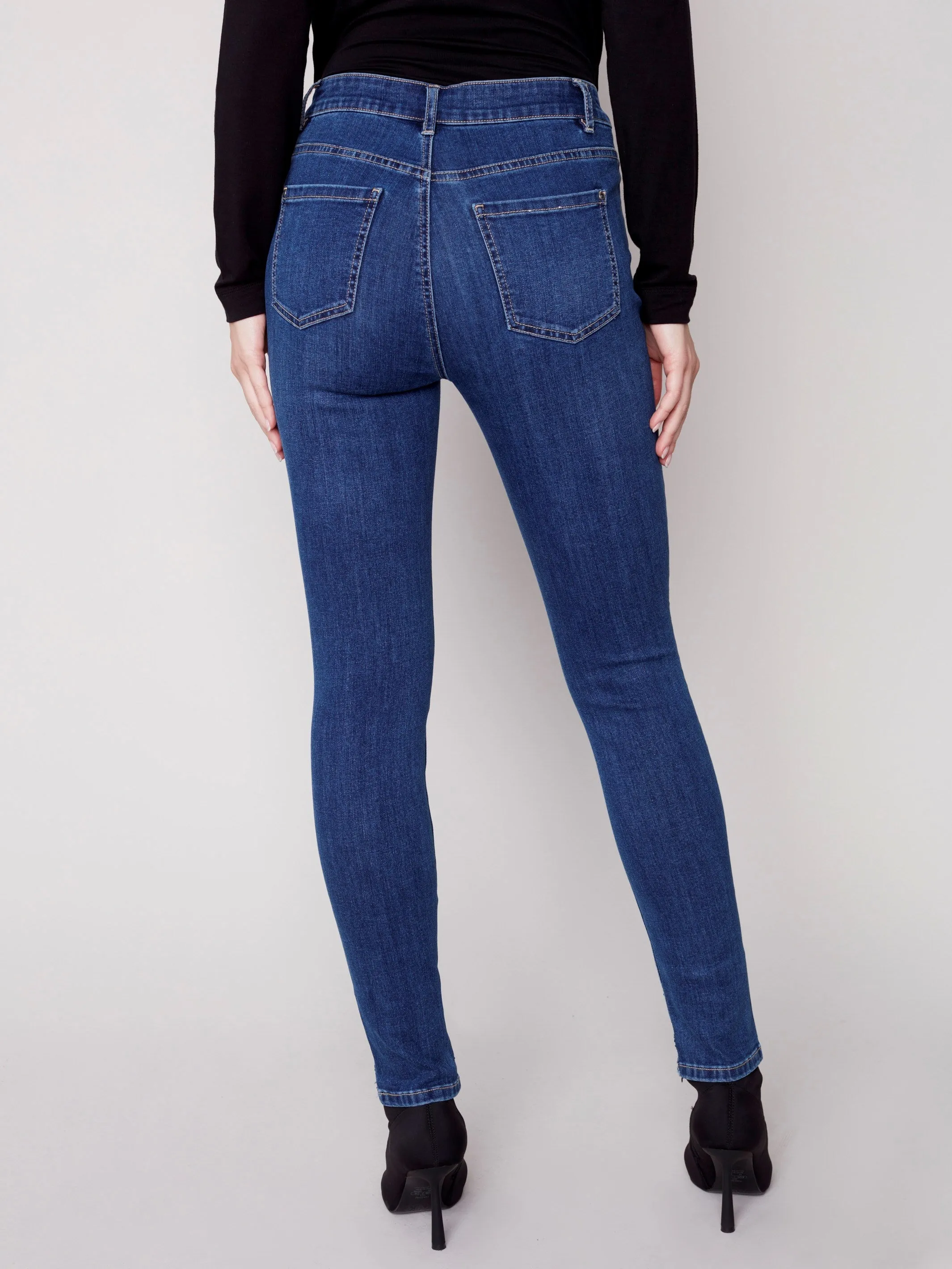 Skinny Jeans with Embroidered Scalloped Hem - Blue Jean