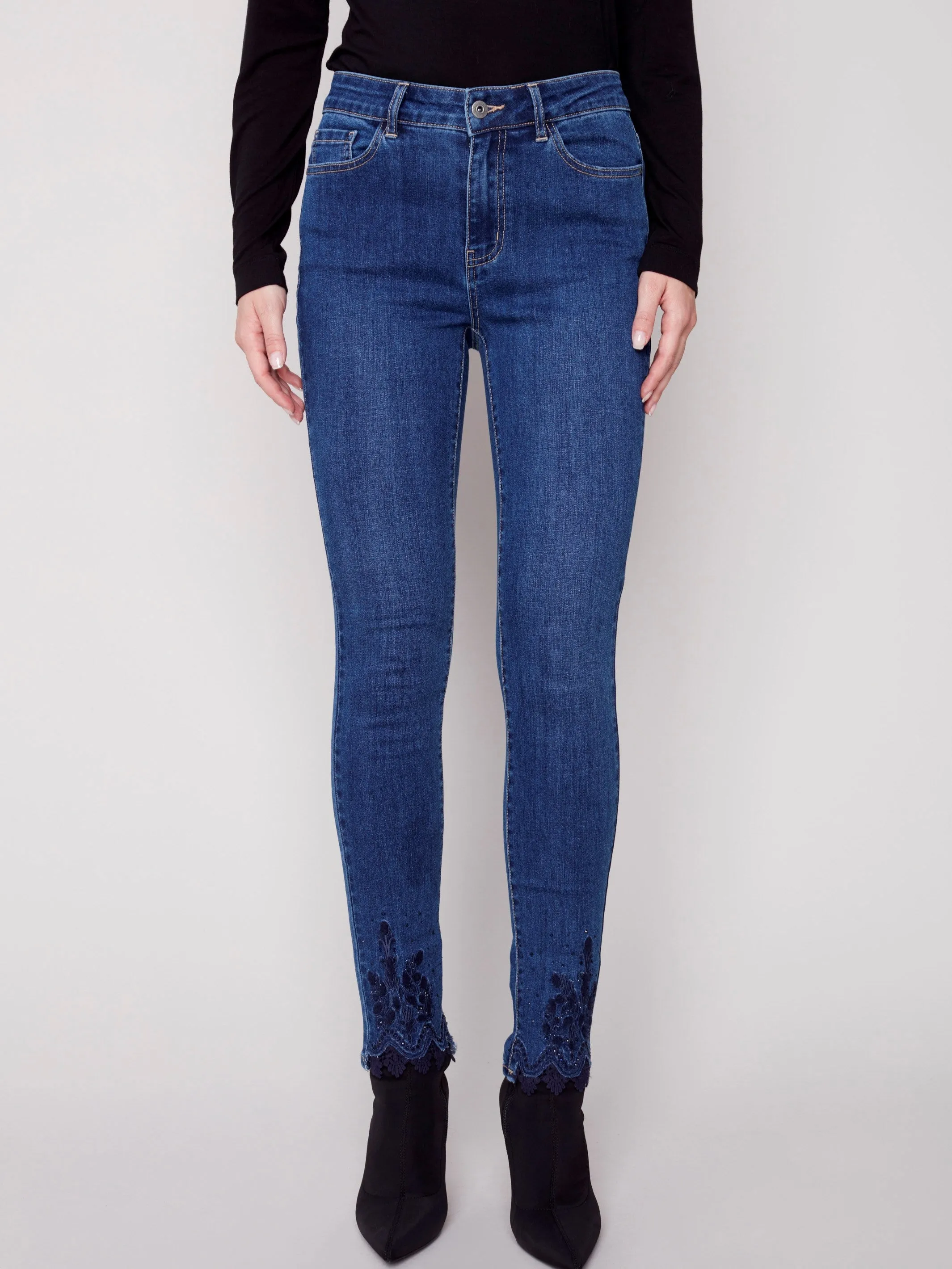 Skinny Jeans with Embroidered Scalloped Hem - Blue Jean