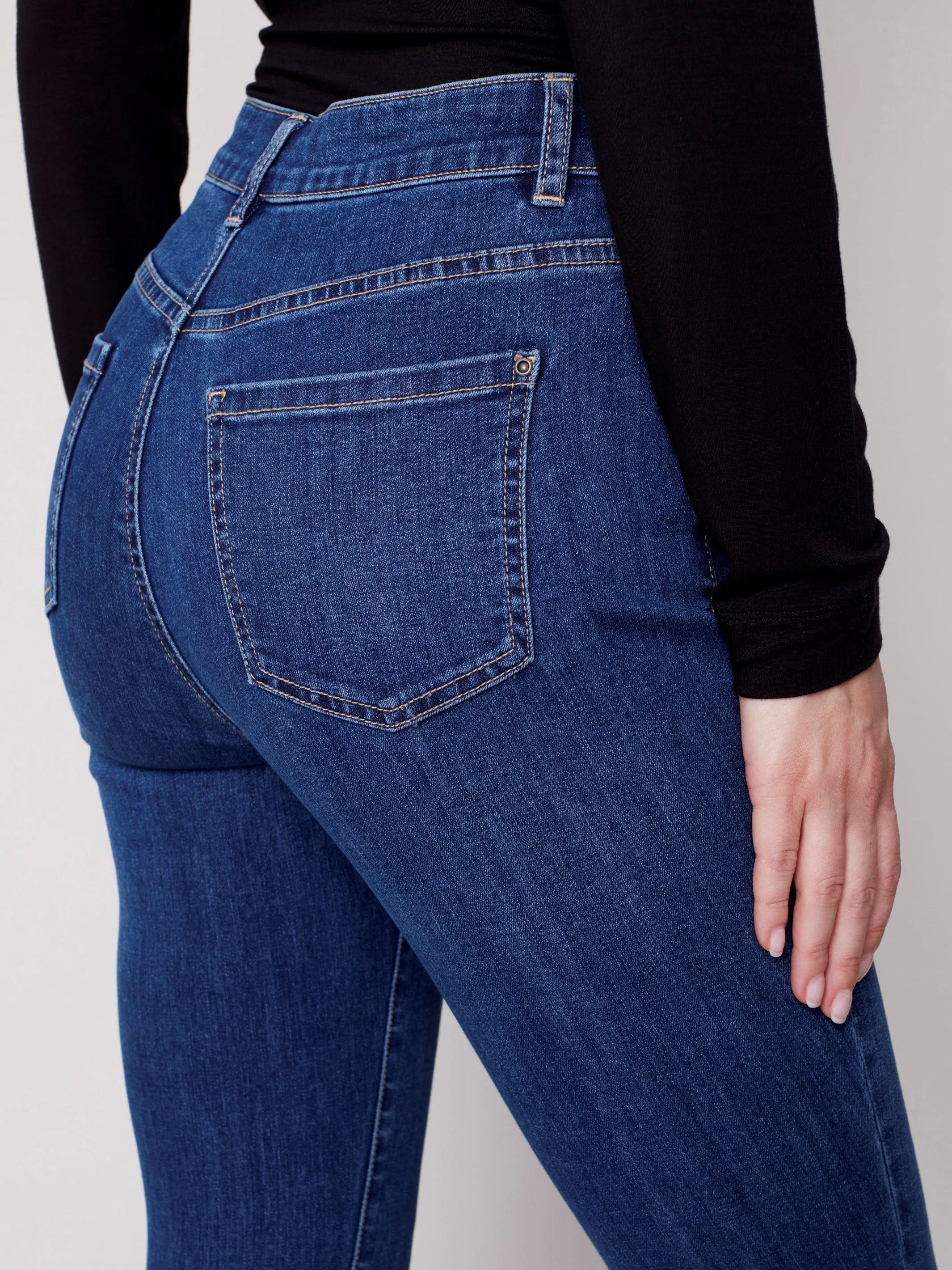 Skinny Jeans with Embroidered Scalloped Hem - Blue Jean
