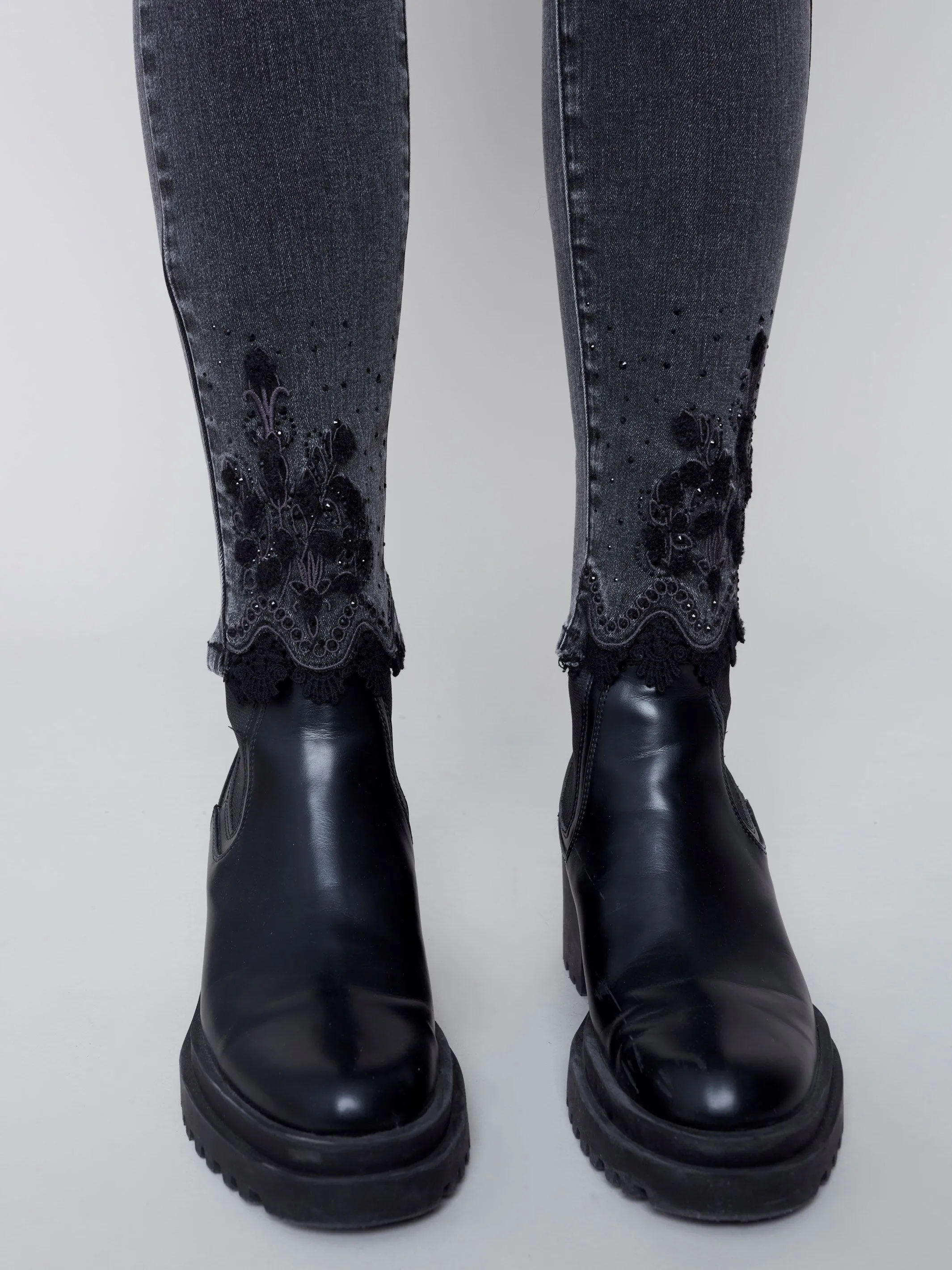 Skinny Jeans with Embroidered Scalloped Hem - Charcoal