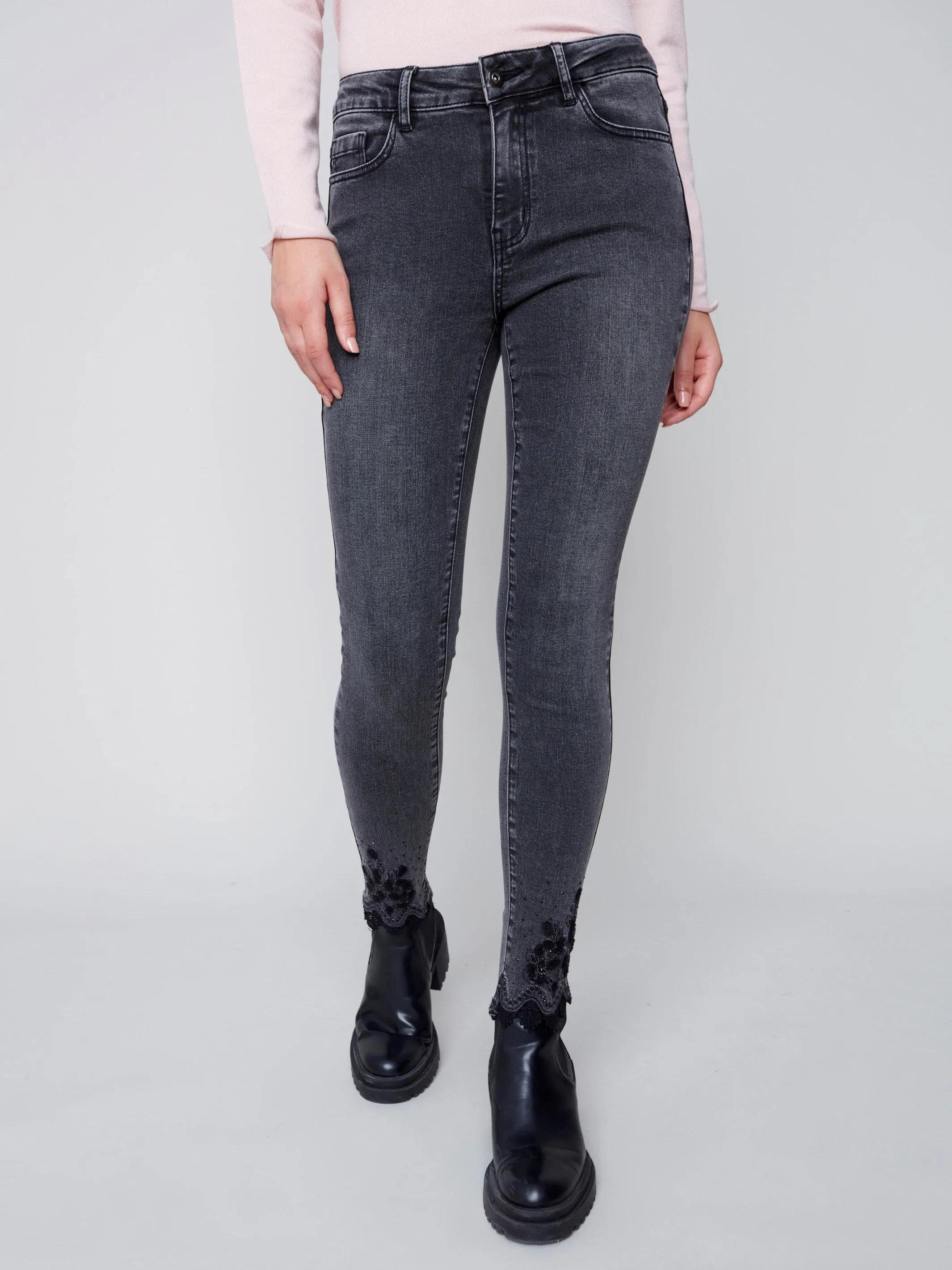 Skinny Jeans with Embroidered Scalloped Hem - Charcoal