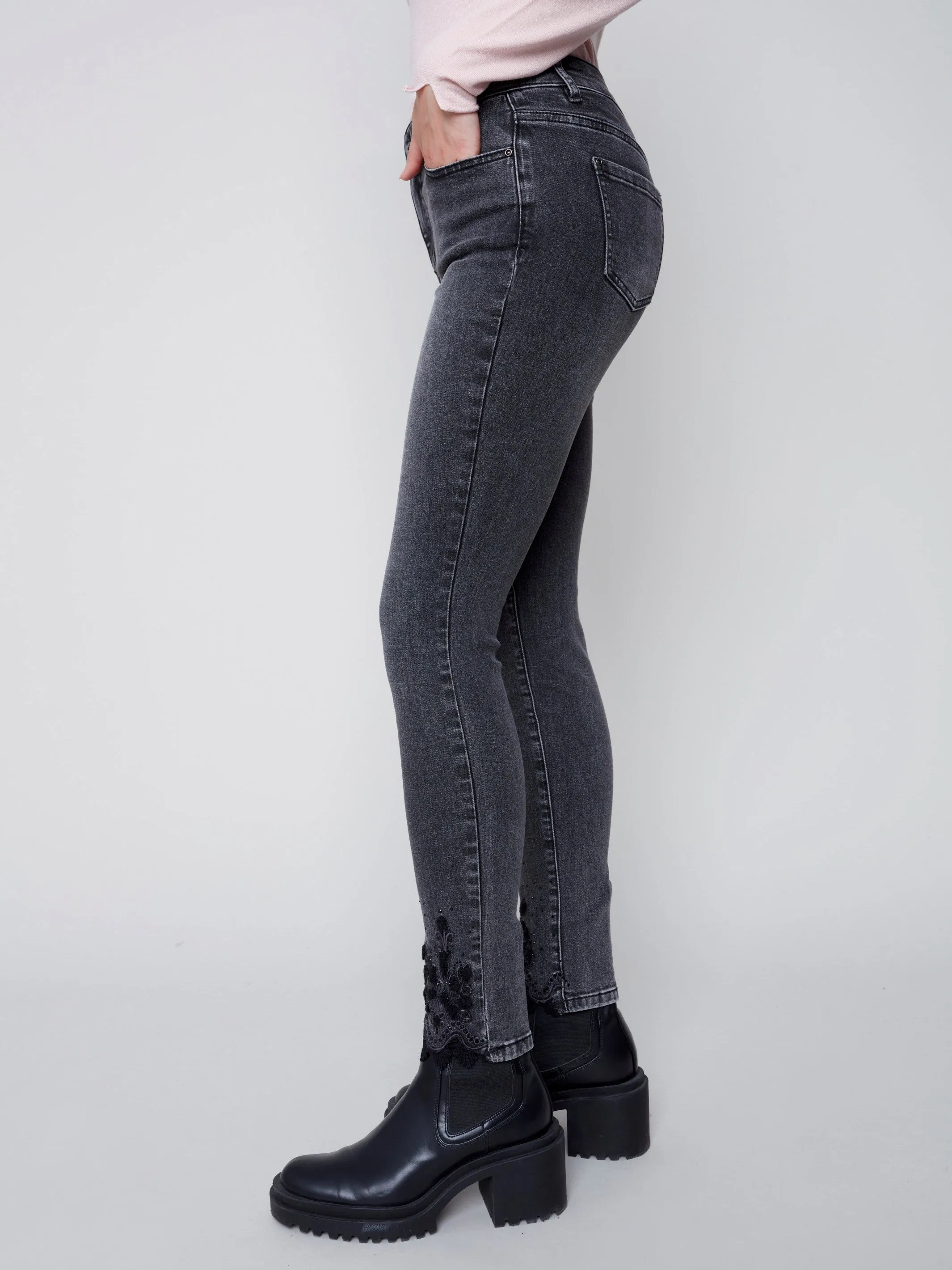 Skinny Jeans with Embroidered Scalloped Hem - Charcoal