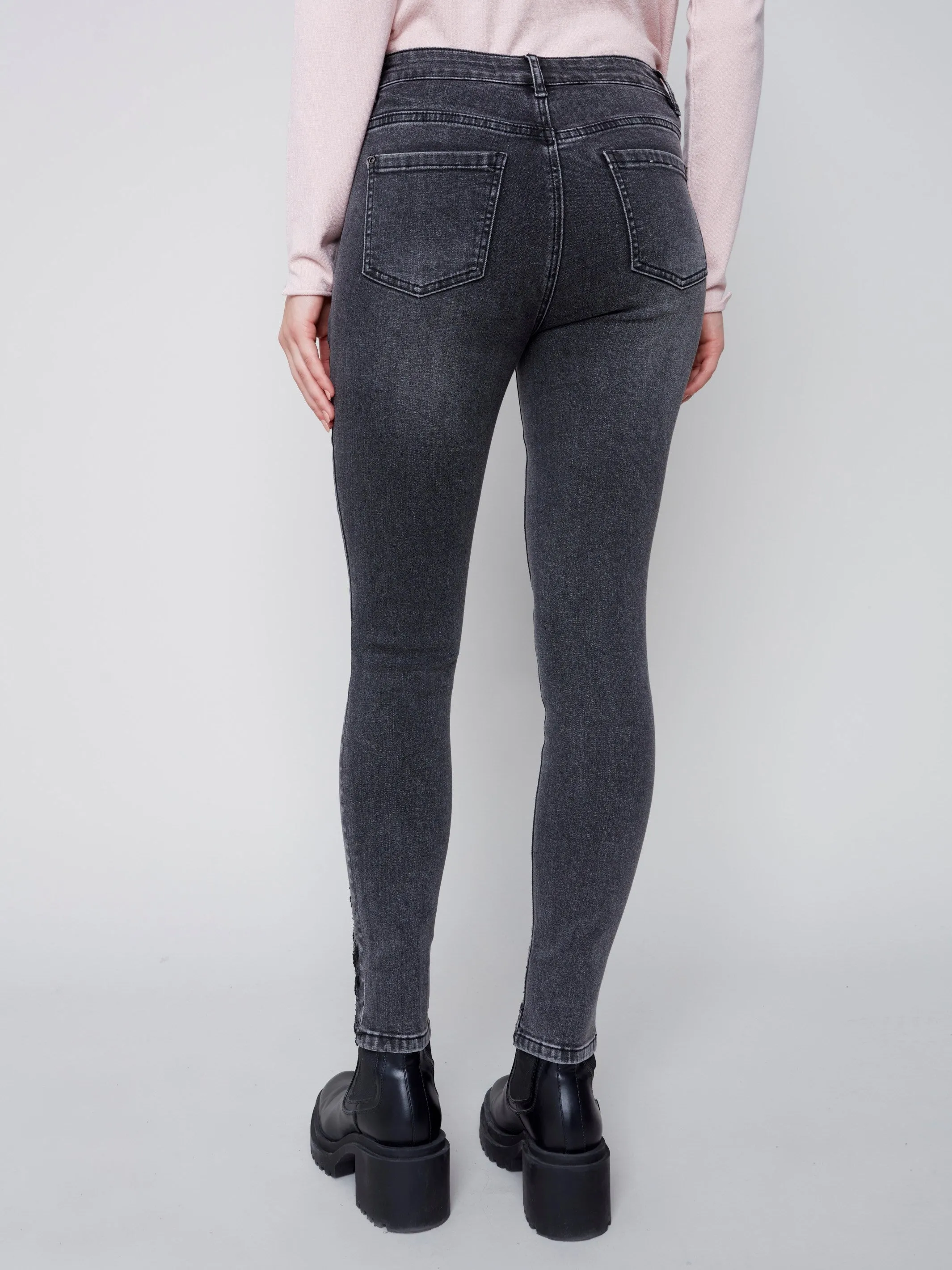 Skinny Jeans with Embroidered Scalloped Hem - Charcoal