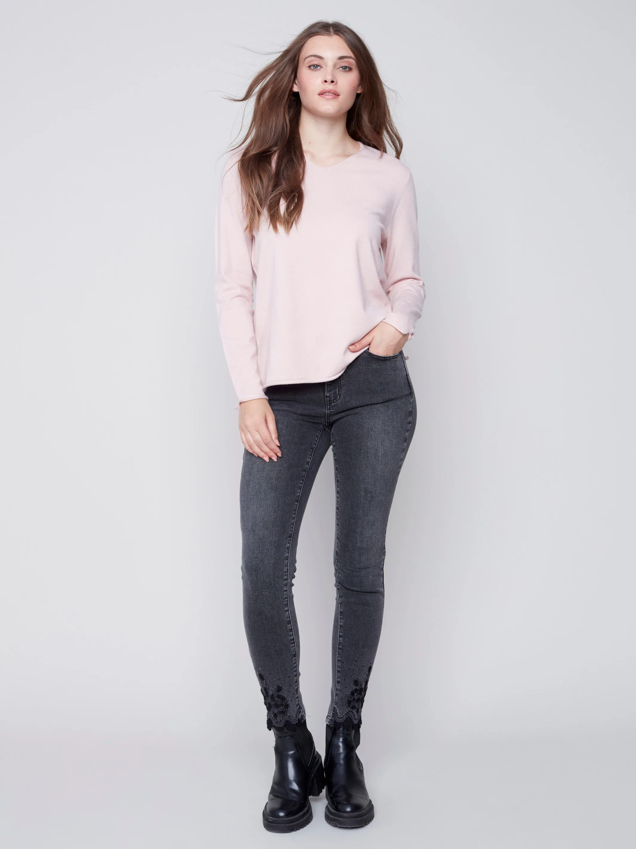 Skinny Jeans with Embroidered Scalloped Hem - Charcoal