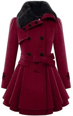 Zeagoo Women Long Sleeve Faux Fur Lapel Double-Breasted Thick Wool Coat